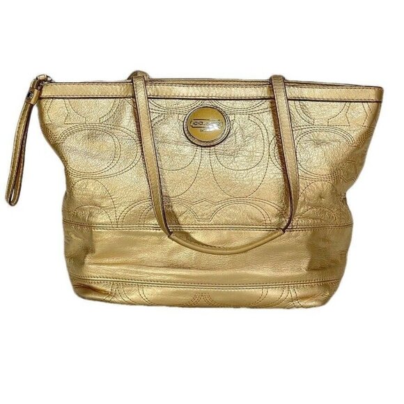 Gold COACH Signature Metallic Tote Bag With Logo & Zip Closure - Picture 4 of 9